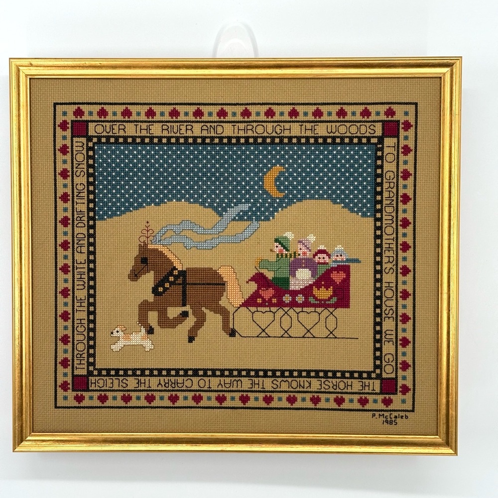 Vintage Style Cross-Stitch Wall Art with Gold Frame 15” X 13”